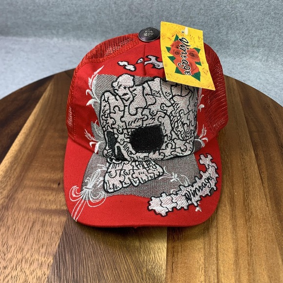 Vintage Hat Cap Snap Back Red Skull Puzzle Mesh Trucker Embroidered Mens 2000s - Picture 1 of 8